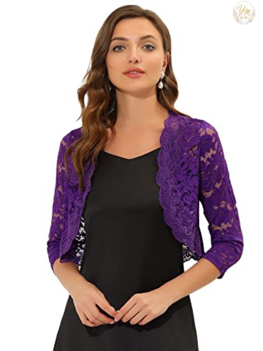 Sheer Floral Lace Shrug Top 3/4 Sleeve Open Front Bolero Elegant
